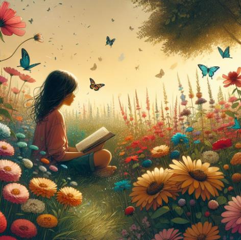 Una noia amb un llibre en un jardí